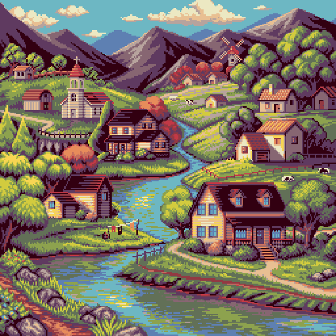 A pixel art illustration of a peaceful countryside village with houses, a winding river, rolling green hills, windmills, and mountains in the background.