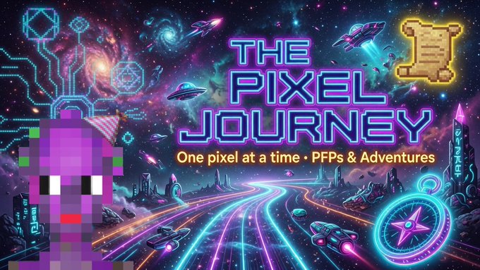 A neon space-themed banner titled 'THE PIXEL JOURNEY' with the tagline 'One pixel at a time • PFPs & Adventures,' featuring a pixelated character, spaceships, and a scroll.