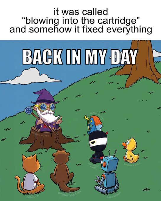 A cartoon labeled "BACK IN MY DAY" shows a wizard character called "Willful Wizard" sitting on a tree stump telling stories to various characters (a cat, otter, ninjas, a robot, and a duck), with caption text reading "it was called 'blowing into the cartridge' and somehow it fixed everything"—illustrating the nostalgic wisdom the wizard shares about retro gaming troubleshooting.