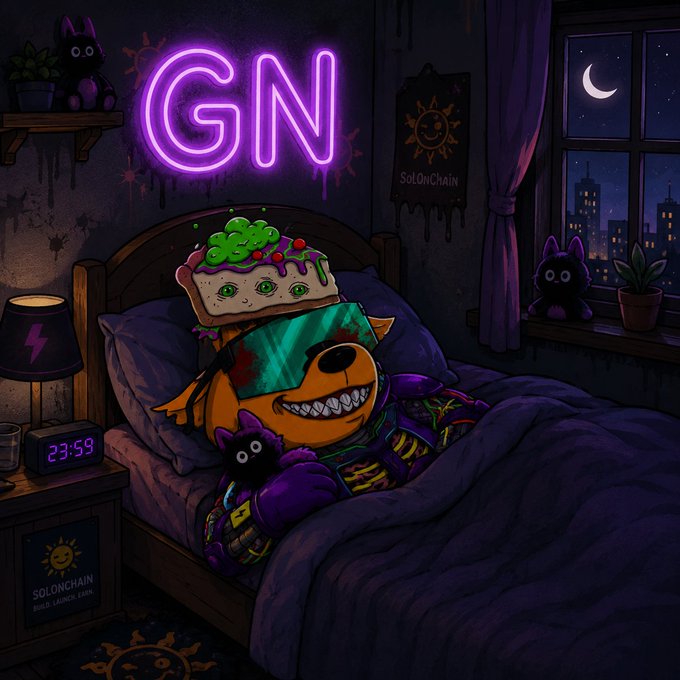 A neon 'GN' digital illustration of a character in bed wearing a green cap, with a 'Solonchain' poster and a digital clock reading 23:59.