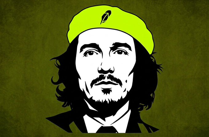 A stylized black-and-white illustrated portrait of a man with long dark hair, a mustache and goatee, wearing a suit, is shown against an olive-green textured background, with a bright neon-green beanie digitally added to his head featuring a black feather-like logo. The image appears to be a meme edit referencing Vlad Tenev, the co-founder and CEO of Robinhood, whose handle @vladtenev is tagged in the accompanying post, which suggests that after meme-stock traders move on, platforms will still develop alpha products, contracts, and spot trading—not out of appreciation for memes, but because the community once existed.