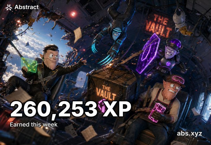 An advertisement for Abstract showing cartoon characters in a spaceship scene with text "260,253 XP Earned this week" and "abs.xyz".