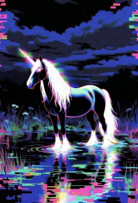 A stylized digital illustration of a dark unicorn with a glowing horn and mane, standing in water at night, with colorful glitch-like pixelated reflections on the water's surface.