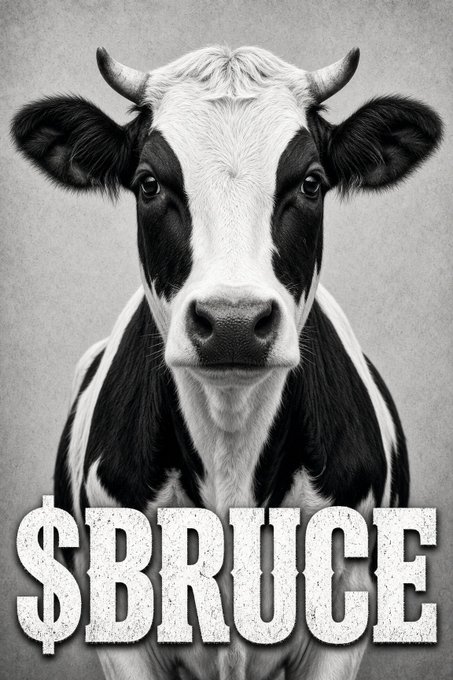 A black-and-white close-up of a Holstein cow staring directly at the camera, with the text "$BRUCE" prominently displayed in bold, distressed lettering across the bottom—likely a playful ticker branding the cow as the face of the "BRUCE" token.
