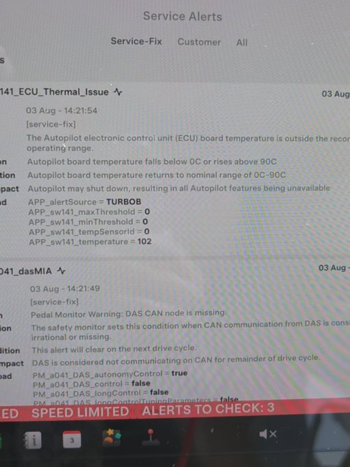 The image shows a Tesla service alerts screen displaying critical warnings about overheating issues: the Autopilot ECU (TURBOB) board temperature reached 102°C, exceeding the 90°C threshold and triggering a system shutdown, alongside a missing DAS CAN node pedal monitor warning. This supports the post's hypothesis that FSD v14 Lite is causing HW3 hardware overheating, likely due to cooling system problems such as air pockets in the coolant system rather than software bugs.