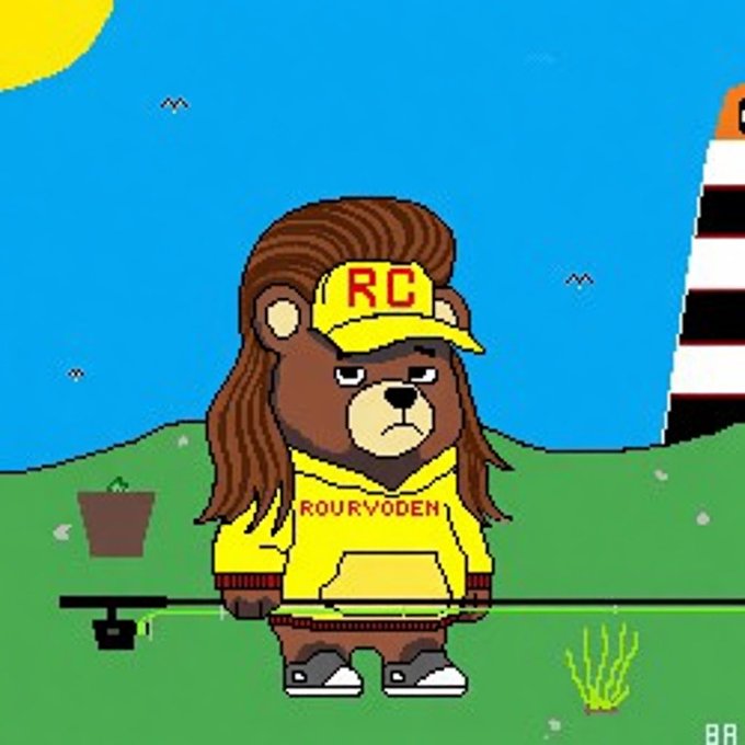 The image features a cartoon bear wearing a yellow shirt with "RC" written on it, standing on a grassy field next to a fishing rod. The background of the image includes a lighthouse and birds flying overhead. The caption at the bottom of the image reads "@Rcvrycoin you’ve been Mulletized by the Mullet Man let’s Grow! $mullet On Sol".