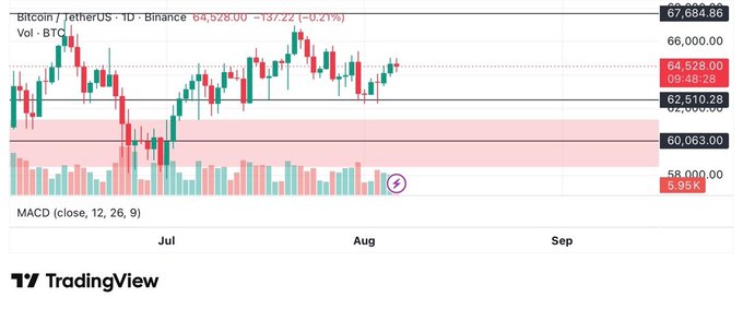 A TradingView candlestick chart for Bitcoin/TetherUS (BTCUSDT) on Binance shows the daily price hovering around $64,528.00 with a 0.21% decline, trading volume at 5.95K BTC, and a red-shaded support zone near $62,510.28, illustrating the sideways, low-volatility consolidation mentioned in the post.