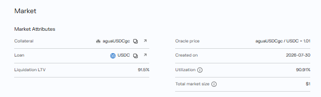 A Morpho market attributes panel showing the "agualUSDCgc" market with USDC as the loan asset, a 91.5% liquidation LTV, 90.91% utilization, a 1.01 USDC oracle price, and a total market size of $1, created on 2026-07-30.