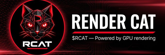 A banner image for the Solana token $RCAT, titled "RENDER CAT" with the tagline "$RCAT — Powered by GPU rendering," featuring a stylized geometric red and black cat head logo, designed to promote the token on platforms like Moby.