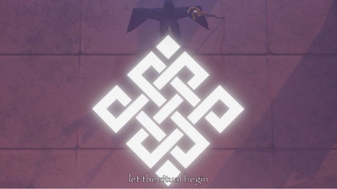 A purple-hued illustration showing a winged figure at the top with a glowing white Celtic knot symbol in the center, accompanied by the text 'let the ritual begin' at the bottom.