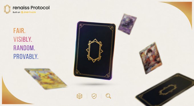Promotional graphic for "renaiss Protocol" Built on BNB Chain, featuring a decorative black card with gold frame and the tagline "FAIR. VISIBLY. RANDOM. PROVABLY."