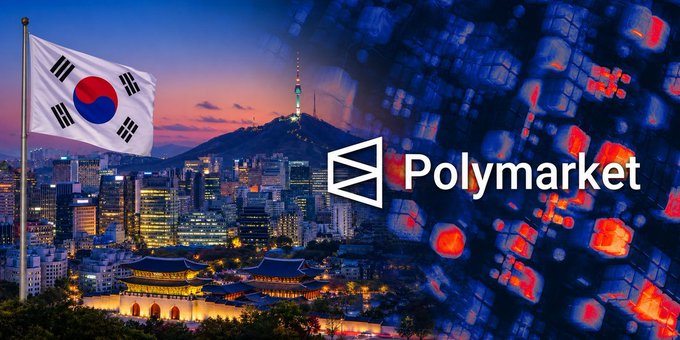 The image features the South Korean flag, a nighttime cityscape of Seoul featuring N Seoul Tower and a traditional palace gate, alongside the "Polymarket" logo and a digital display of financial tickers, visually linking South Korea to the prediction market platform amid news of 26 users being charged with illegal gambling over $12.7 million in trades.