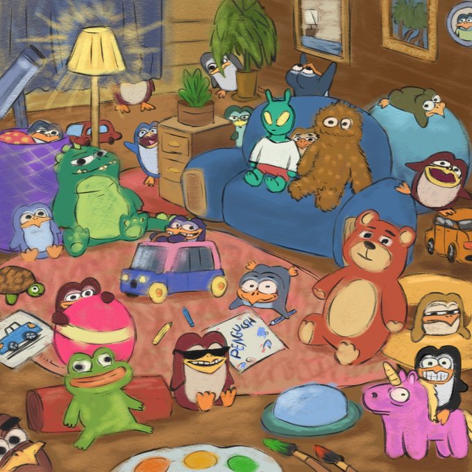 A colorful cartoon scene is filled with penguins, quirky creatures, toys, furniture, and a paper reading “Penguin,” matching the Penguish NFT collection promotion and OpenSea link mentioned in the post.