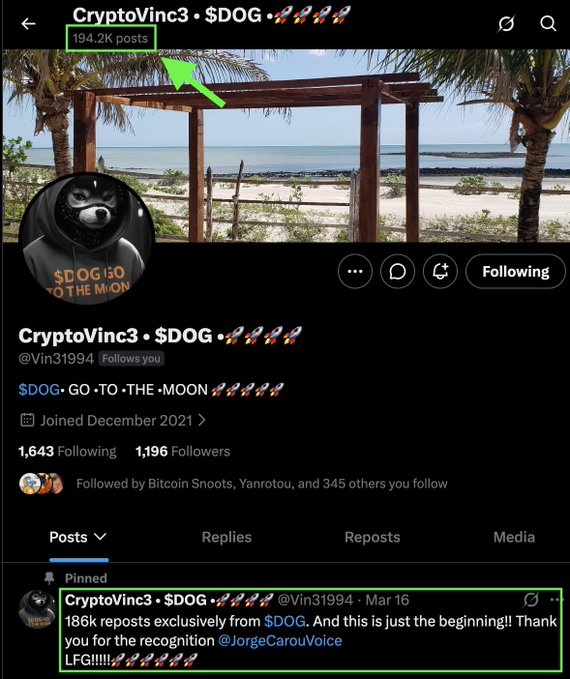 A screenshot of a Twitter/X profile for 'CryptoVinc3 · $DOG 🚀🚀🚀🚀' showing '194.2K posts', 1,643 Following, and 1,196 Followers, with a pinned tweet from March 16 about $DOG and mentioning 'JorgeCarouVoice'.
