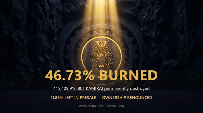 A promotional graphic for KAMIRAI token features a samurai figure inside a gear emblem illuminated by golden light against a dark cave backdrop, boldly displaying "46.73% BURNED" with the statistic that 415,409,916,801 KAMIRAI tokens have been permanently destroyed, alongside notes that 11.88% remains in presale and ownership has been renounced. The image visually reinforces the post's emphasis on verifiable tokenomics, showcasing the burn mechanism as proof of the project's commitment beyond typical meme coin speculation.