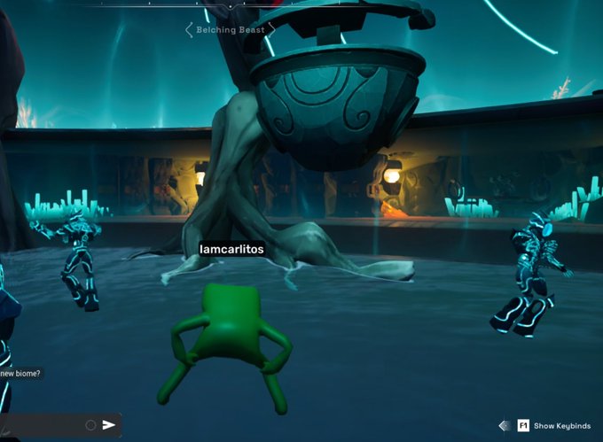 A video game screenshot showing a boss battle with the 'Belching Beast,' a large creature in a circular arena, with a green character (username 'iamcarlitos') and glowing blue crystal figures visible.