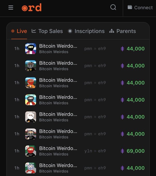 A screenshot of the 'ord' app showing Live sales of 'Bitcoin Weirdos' NFT collection, with multiple items priced at 44,000 and one at 69,000.