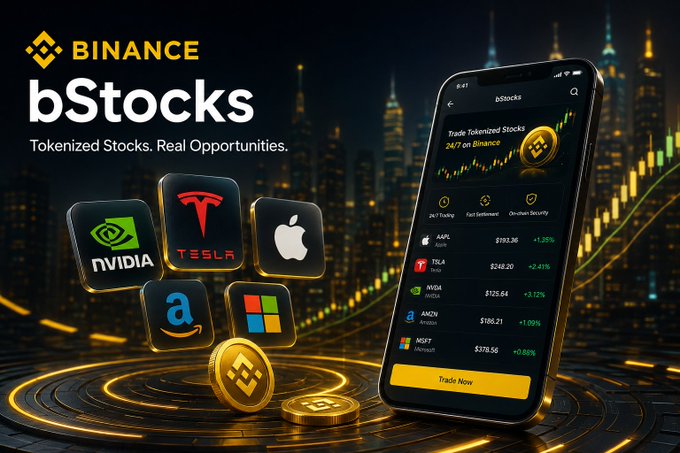 A Binance promotional image for "bStocks" featuring the tagline "Tokenized Stocks. Real Opportunities," showcasing tokenized versions of popular stocks including AAPL ($193.36), TSLA ($249.20), NVDA ($125.64), AMZN ($186.21), and MSFT ($178.56), with a 24/7 trading option displayed on a smartphone interface alongside floating logos for NVIDIA, Tesla, Apple, Amazon, and Microsoft. The visual reinforces the accompanying post's emphasis on bStocks' seamless and flexible access to global markets, highlighting how Binance transforms traditional equity trading into an always-on, user-friendly digital experience through tokenization.