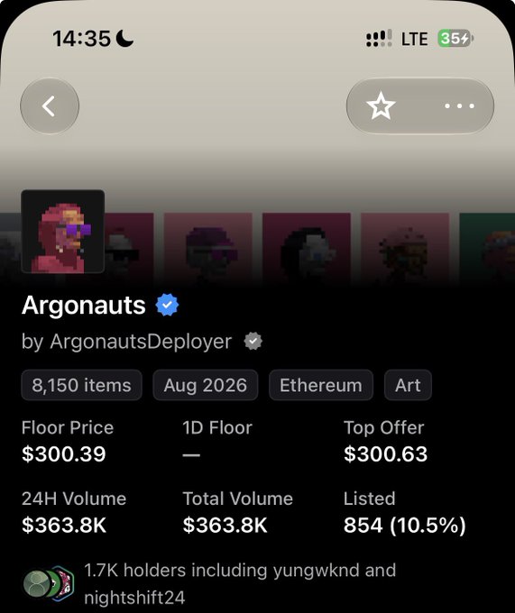 A mobile app screenshot showing the 'Argonauts' NFT collection with 8,150 items, floor price of $300.39, and 24H volume of $363.8K.