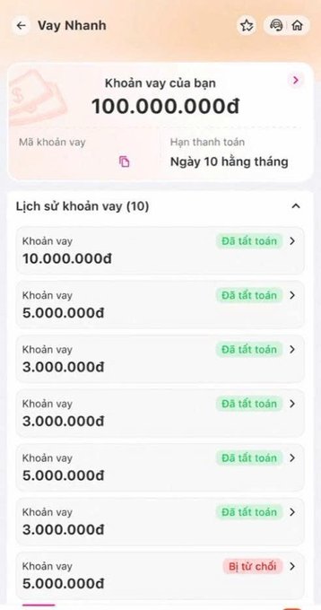 Vietnamese loan app screen titled 'Vay Nhanh' showing a current loan of 100,000,000₫ and a history of multiple paid and cancelled loans.