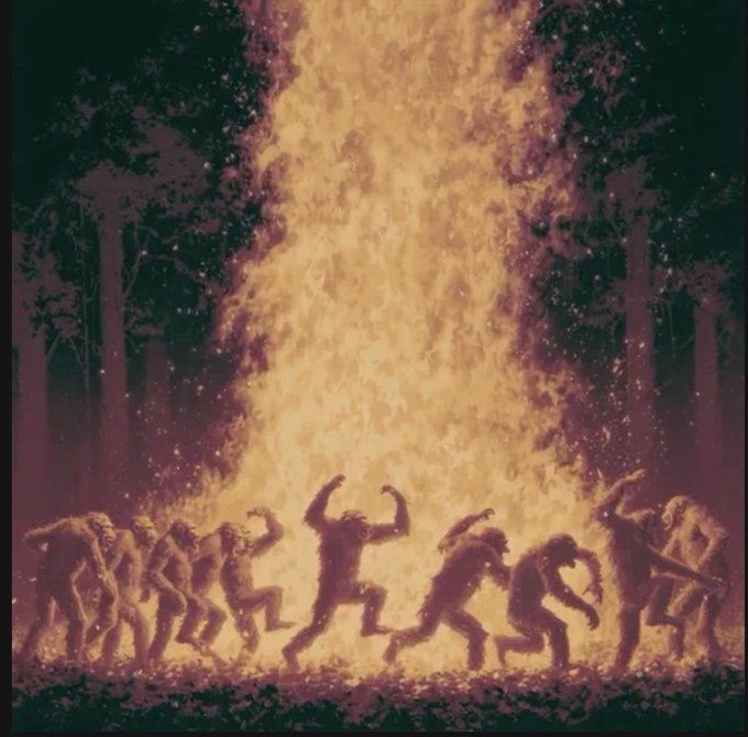 An artistic illustration depicting silhouetted human figures dancing around or emerging from a massive, towering flame against a dark background.