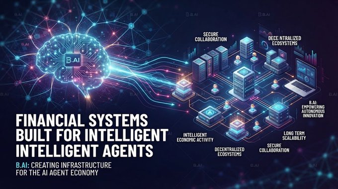 A promotional graphic for B.AI reading 'FINANCIAL SYSTEMS BUILT FOR INTELLIGENT AGENTS' and 'CREATING INFRASTRUCTURE FOR THE AI AGENT ECONOMY', featuring a glowing brain connected to digital servers and networks.