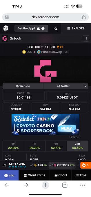 A mobile screenshot from dexscreener.com showing the page for the 'Gstock' token (GSTOCK / USDT), with a price of $0.01498 and a visible advertisement for a 'Rainbet' crypto casino.