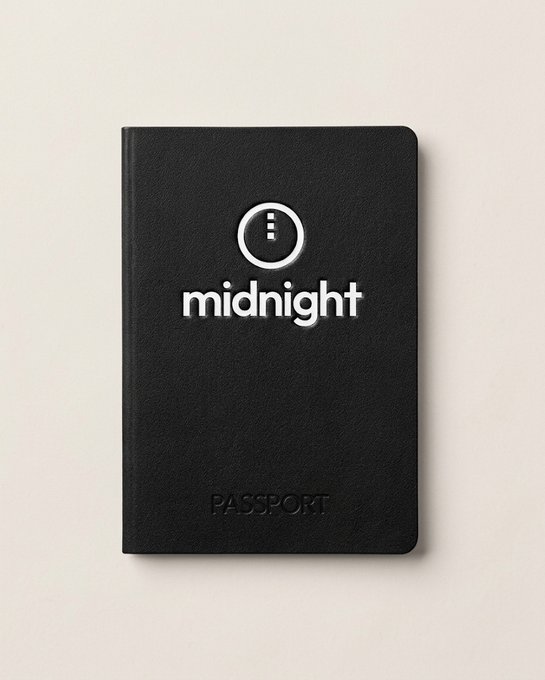 A black leather passport booklet with the 'midnight' logo featuring an info icon, embossed with 'PASSPORT' at the bottom, displayed on a light background.