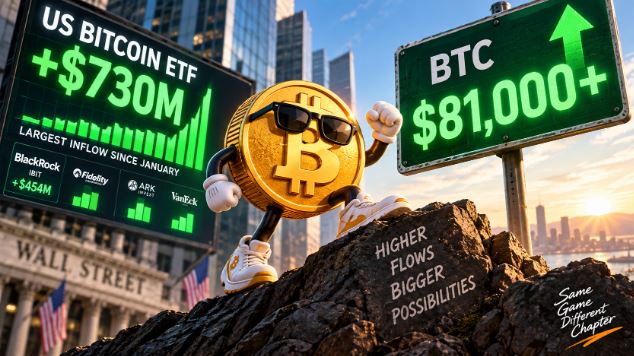 A Bitcoin mascot with sunglasses on Wall Street celebrates Bitcoin reaching $81,000+, noting +$730M ETF inflow, with text 'HIGHER FLOWS BIGGER POSSIBILITIES' and 'Same Game Different Chapter'.