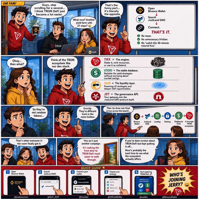 A comic-style infographic explains how TRON DeFi works using just three steps ("Open Binance Wallet, Search JustLend DAO, Connect") and four ecosystem layers (TRX, USDD, SUN, JST), with characters Jerry, Alex, and a friend breaking down the stack and a bottom "Quick Guide" showing the wallet-to-lending flow with handles @justinsuntron, @DeFi_JUST, @tronfoundation, @OfficialSunIo, @justlend, and @BinanceWallet.