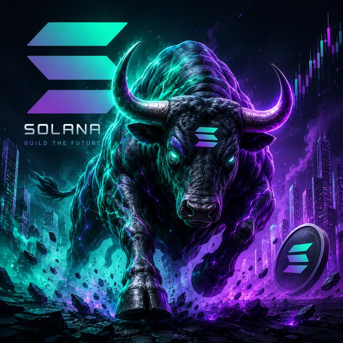 A powerful, neon-lit bull charges forward through a purple and teal cyberpunk cityscape, with Solana's logo featured prominently and the text "SOLANA — BUILD THE FUTURE" displayed on the left. A Solana coin and trading candles in the background reinforce the "Bull week on Solana" theme, symbolizing an imminent upward price surge and bullish momentum for the cryptocurrency.