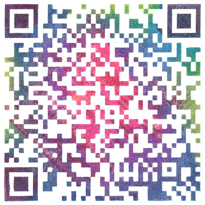A stylized QR code rendered in a textured watercolor-like aesthetic with purple, pink, green, and blue hues, featuring a floral/rose-like pattern in the center.