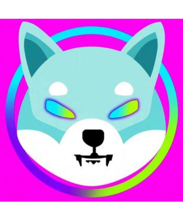 A stylized illustration of a blue and white dog face with glowing rainbow eyes and a fanged mouth against a pink background.