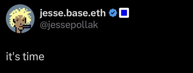 A social media post by jesse.base.eth (@jessepollak) featuring a pixel art avatar and the text 'it's time'.