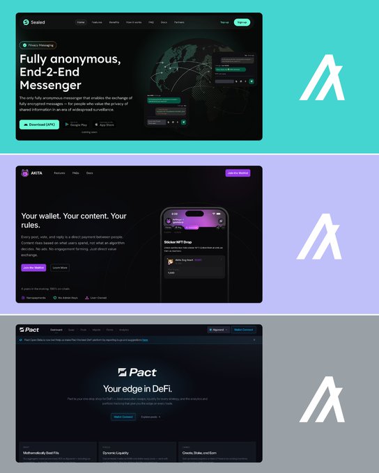 The image features three different websites, each with a logo for a company named "A" and "PACT". The logos are displayed side by side, allowing viewers to compare the designs and layouts of the sites. The first website has a purple background, the second one is green, and the third one is white. Each site seems to have its own unique design and layout, showcasing the creativity and individuality of each company's branding.