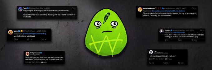 The image features a disgruntled-looking green avocado meme character surrounded by mock-up social media posts from users like Tom, Kadenzo Pengu, Ness, Yoko Gevulot, and others sharing memes and jokes about worthless tokens, aligning with the post's theme mocking the $WORTHLESS token (0x018493D3439A538eD7985eb14084414dB58c9576) on Robinhood.