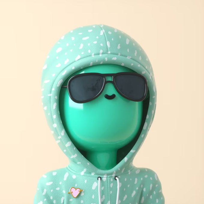 A 3D rendered illustration of a glossy, smiling green character wearing dark sunglasses and a speckled green hoodie with a heart-shaped pin.