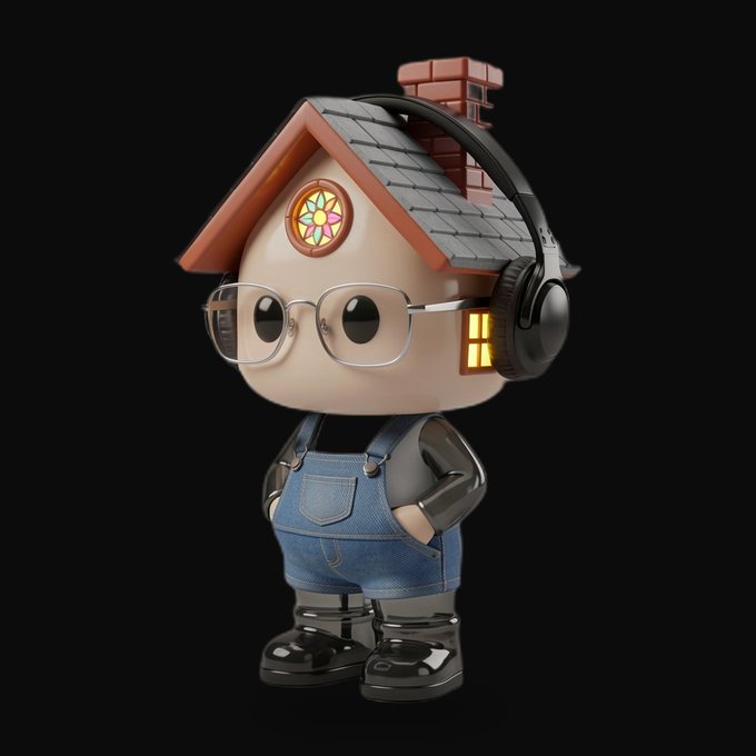 A 3D-rendered cartoon character with a house-shaped head featuring a chimney and round window, wearing glasses, black headphones, denim overalls, and black shoes against a black background.