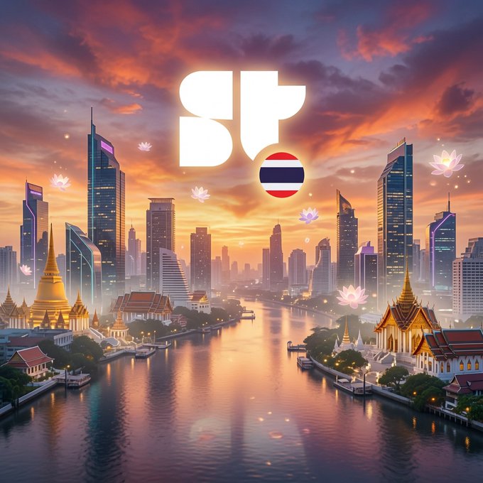 A digital illustration depicting a cityscape resembling Bangkok with a river, modern skyscrapers, and golden temples under a sunset sky, featuring the 'BP' logo and a Thai flag emblem.