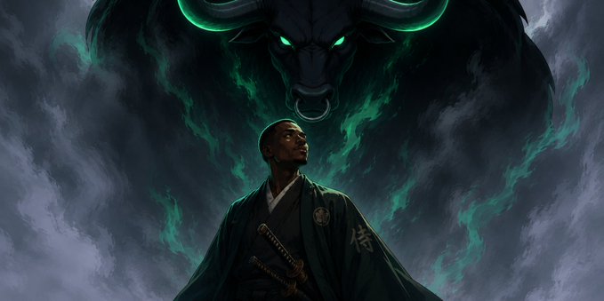 A digital artwork depicting a man in traditional samurai attire with swords, standing beneath a massive, ominous bull with glowing green eyes and horns emerging from dark, swirling clouds.