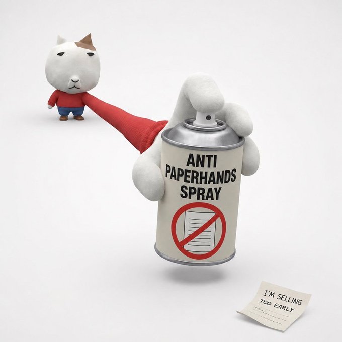 A 3D illustration showing a cat character spraying a red mist from a can labeled 'ANTI PAPERHANDS SPRAY' at a piece of paper that says 'I'M SELLING TOO EARLY'.
