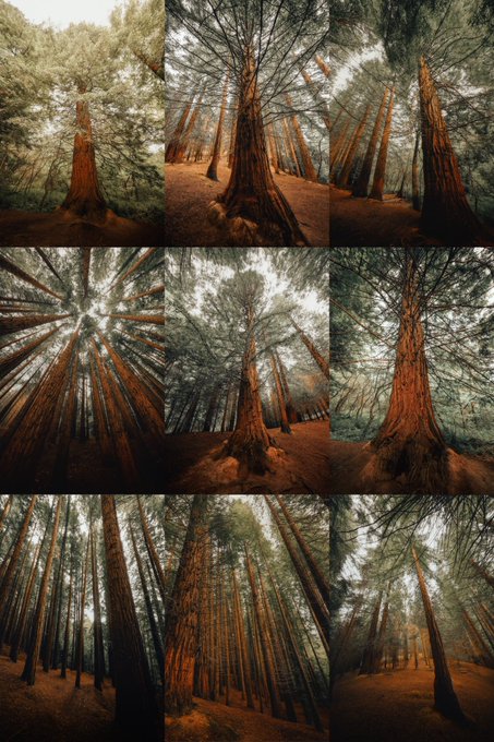 A 3x3 collage showcasing towering Montegrande forest trees photographed from dramatic upward angles, capturing their immense height and reddish-brown trunks against the canopy, reflecting the photographer's contemplation about whether to mint and share this collection with potential collectors.