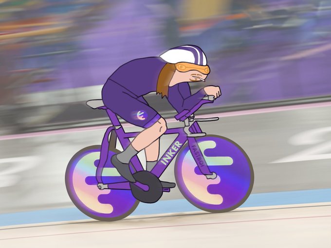 An animated cartoon depicts a cyclist wearing a helmet and sunglasses, crouched in an aerodynamic racing position on a purple track bike with disc wheels displaying the "$INK" logo and "INKKER" branding. The image ties into the "$INK TGE" (Token Generation Event) promotional message, using the fast-moving cyclist imagery to symbolize speed and momentum for the upcoming token launch.