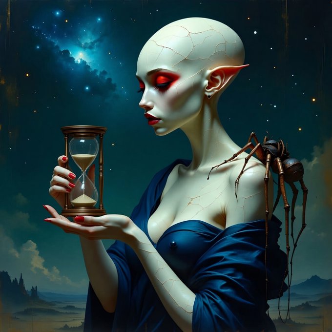 A fantasy artwork portrays a pale, bald elf-like woman with red eyes holding an hourglass, wearing a blue dress, with a large spider perched on her shoulder against a cosmic night sky.