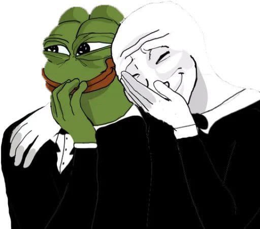 A meme featuring Pepe the Frog and a white character in suits whispering and laughing together.