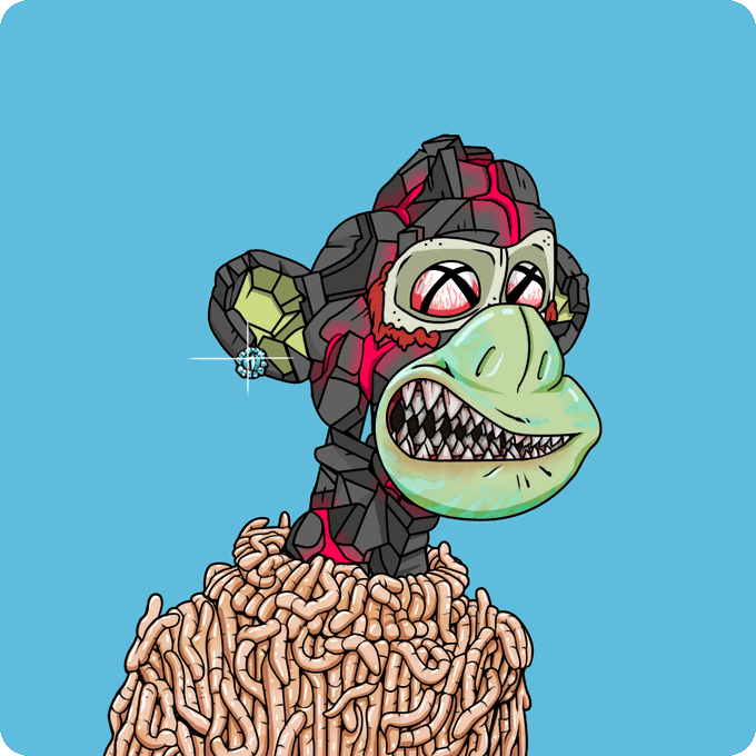 A cartoon monkey-like creature with sharp teeth, wearing red goggles and dark armor, stands atop a pile of tan, worm-like objects against a blue background.