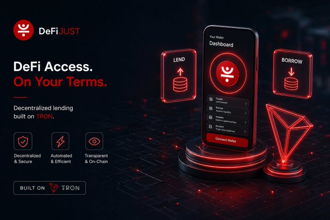 A promotional graphic for DeFiJUST, a decentralized lending platform built on TRON, featuring a 3D rendered smartphone displaying a wallet dashboard with LEND and BORROW options.