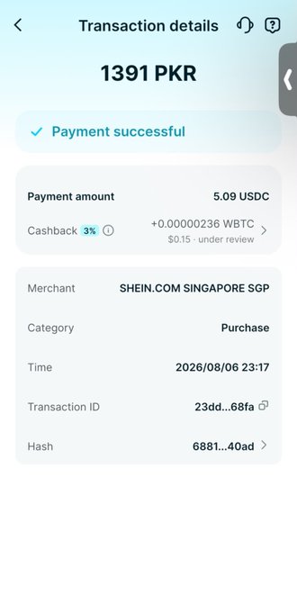 A transaction details screen showing a successful payment of 1391 PKR (5.09 USDC) at SHEIN.COM SINGAPORE with a 3% cashback reward in WBTC.
