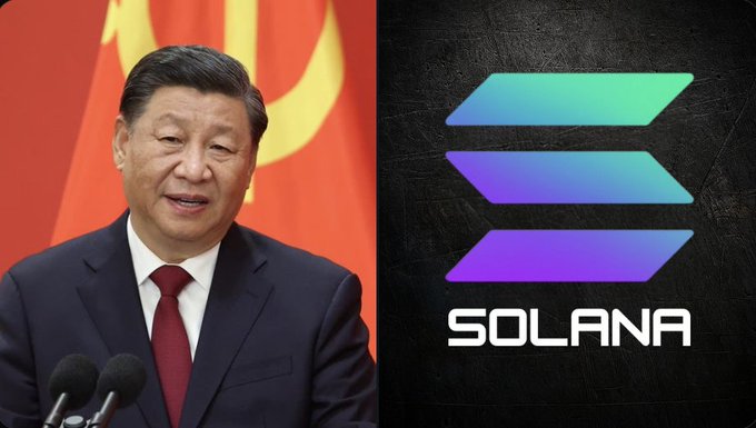 This image juxtaposes Xi Jinping against the Solana logo, suggesting a connection between China's ¥616.5 billion liquidity injection and potential bullish sentiment for Solana.