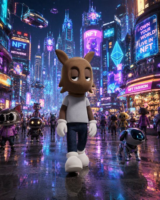 3D rendered image of a character with an animal head mask wearing a white t-shirt and jeans, walking through a cyberpunk cityscape with NFT advertisements, a robotic dog companion, and various other characters.